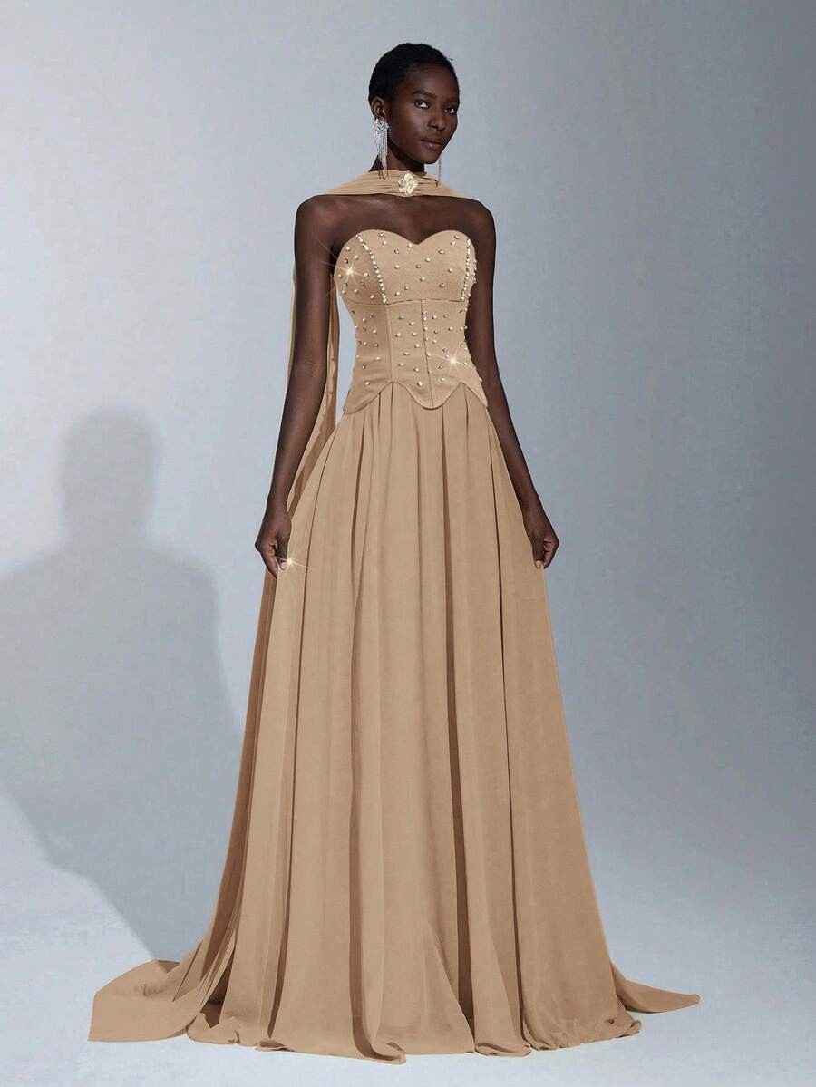 Elitara 优雅奢华手工水钻装饰露肩飘逸拼接弹性针织雪纺长裙，适合婚礼、活动、单身派对、度假、庆典、正式场合 - 卡其色 - 查看 1