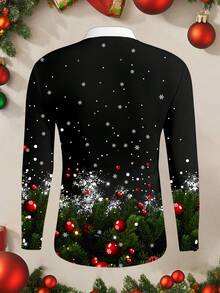 Manfinity AFTRDRK Cămașă cu mânecă lungă, croială slim, cu guler fals și imprimeu de castel de fulg de zăpadă de Crăciun, asortată pentru părinți și copii, pentru o atmosferă familială confortabilă