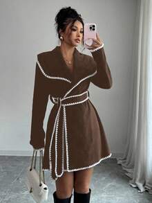 Elenzga Women's Fashionable Color Block Trim Jacket, Autumn/Winter - Brown - View 6