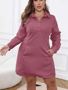 Calvaya Plus Size Casual Solid Color Button Half-Placket Dress, Autumn - Red Violet - View 5