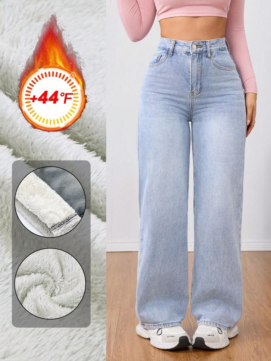 Jeanoix 女式休闲直筒牛仔裤，带口袋，保暖内衬，适合秋冬季 - 淺色水洗藍 - 查看 1
