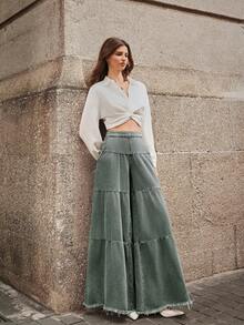 SHEIN SXY 女式宽松男友风破洞下摆拼布牛仔裤 - 軍綠色 - 查看 11