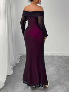 Cravure Plus Size Women's Elegant Black Off Shoulder Contrast Color Fitted Waist Dress - Black - View 2