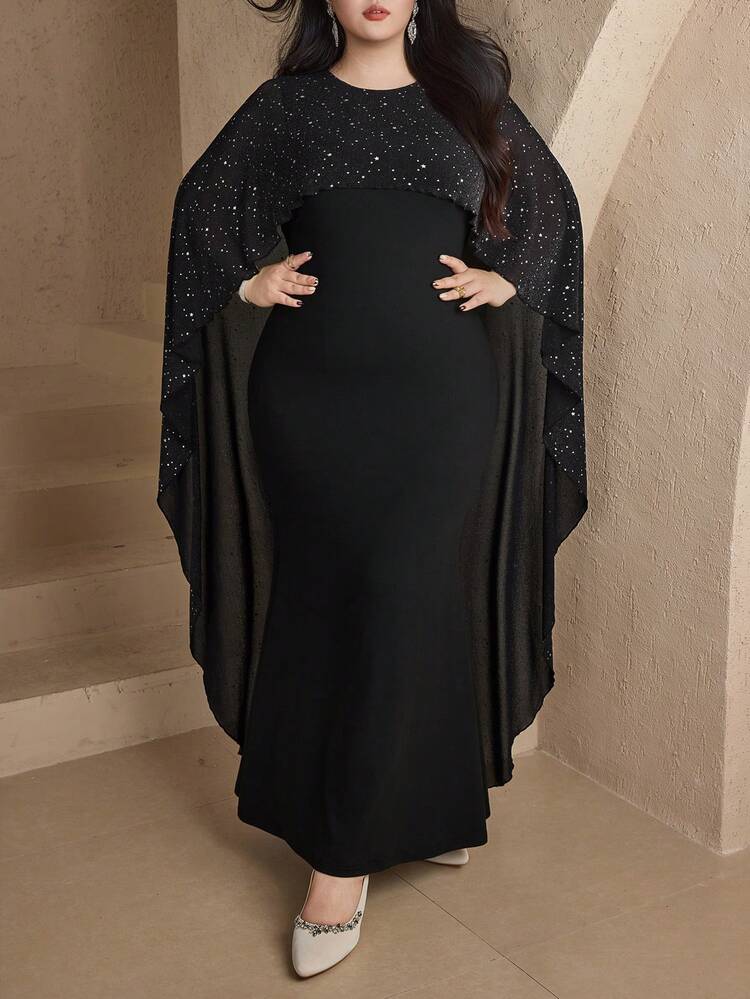 Dazy Plus Plus Size Women Crew Neck Elastic Fitted Patchwork Sequin 2 In 1 Long Dress For Party Elegant Women Dresses Prom Dress Carnival Sparkly Dress Maxi Dress