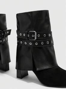 CUCCOO SZL Women's Fashion Thick High Heel Buckle Strap Black Street Mid-Calf Boots - Black - View 6