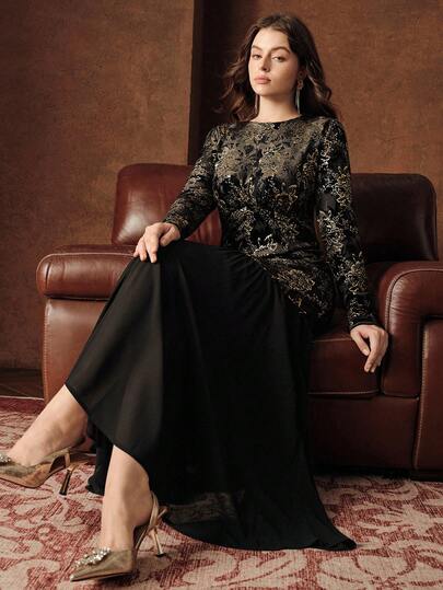 Anewsta Women's Elegant Romantic Retro Modern Floral Foil Print Long Sleeve Ruffle Hem Mesh Mermaid Hem Dress, Suitable For Autumn/Winter, Halloween Costume, New Year Party, Graduation