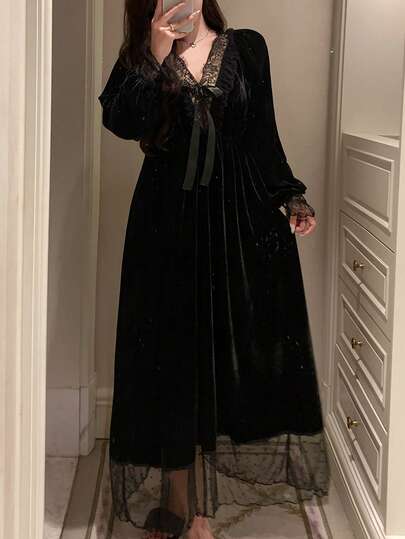 DAZY Camisola feminina longa com patchwork de renda sexy e tecido de veludo com cintura marcada