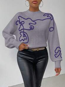 SHEIN LUNE 女式撞色图案高领长袖毛衣 - 灰色 - 查看 4