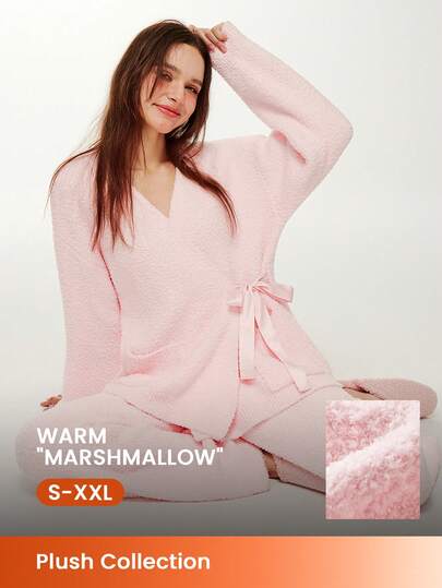 LUVLETTE Conjunto de 2 piezas de ropa de estar en casa de top envolvente y pantalones de felpa suave color rosa básico de invierno