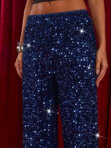 Glamine Pantaloni lunghi a vita alta con paillettes, a gamba larga, di colore blu scuro, adatti per feste, costumi per adulti, outfit eleganti da donna, pantaloni a gamba ampia per appuntamenti, pantaloni con paillettes da donna - Blu - Visualizzare 4