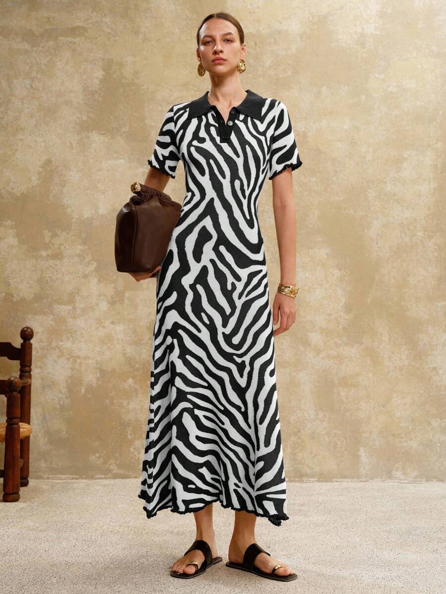 Chiquease 斑马纹针织修身短袖连衣裙 - 黑與白 - 查看 1