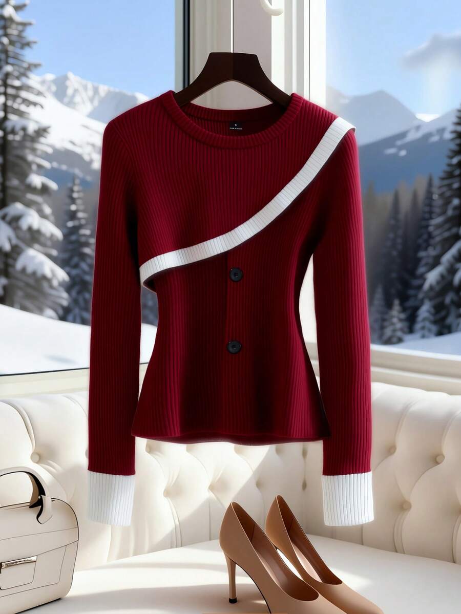 Franclia Women's Elegant Commuter Colorblock Patchwork Blouse - Red - View 1