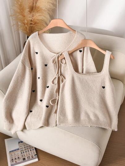 CosyJoli 大码女式心形图案落肩长袖宽松针织开衫和圆领无袖针织上衣套装，秋冬