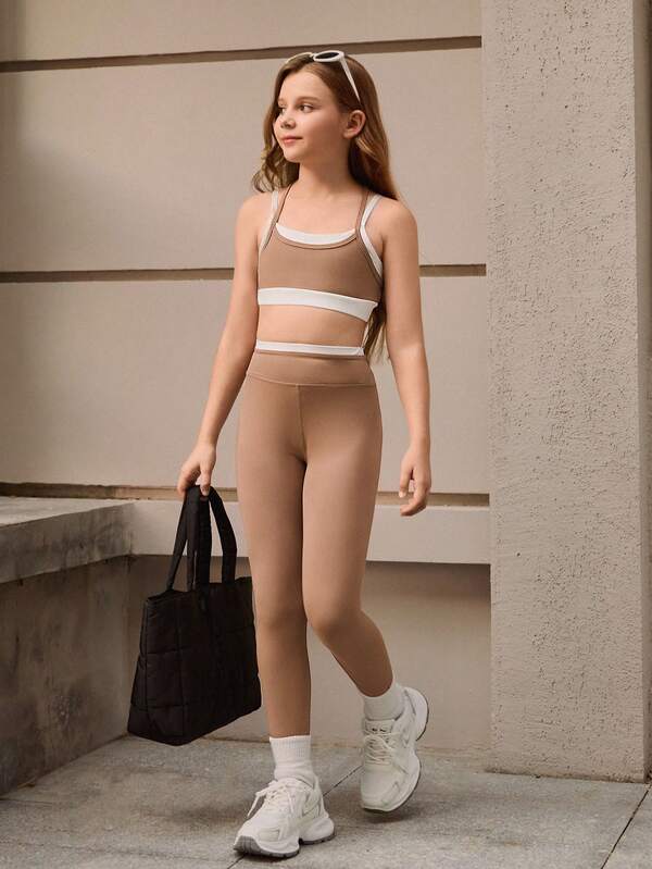 SHEIN Conjunto de Regata e Legging de Cores Contrastantes para Meninas Pré-Adolescentes, Design 2 em 1, Adequado para Corrida, Fitness, Ciclismo, Atletismo