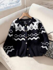 女童圆领费尔岛针织开衫，海军蓝长袖宽松舒适针织毛衣开衫，返校季学院风，百搭毛绒针织开衫 - 寶藍色 - 查看 1