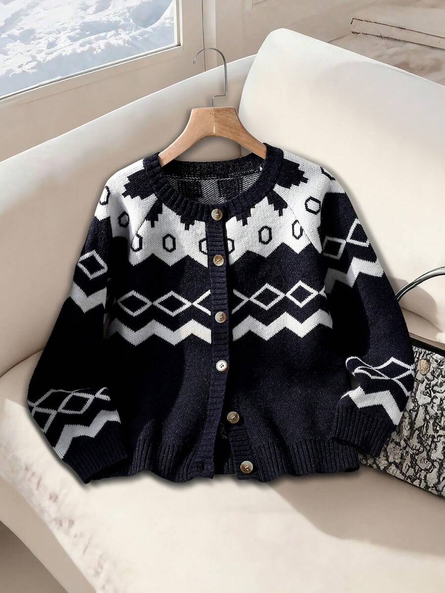 女童圆领费尔岛针织开衫，海军蓝长袖宽松舒适针织毛衣开衫，返校季学院风，百搭毛绒针织开衫 - 寶藍色 - 查看 1