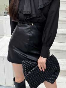 DAZY Women Solid Color PU Leather Wrap Mini Skirt, All Season - Black - View 4