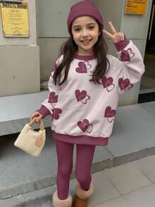 2 件套青少年女孩休闲时尚可爱心形印花圆领运动衫和紧身裤套装，适合秋冬季 - 彩色 - 查看 2