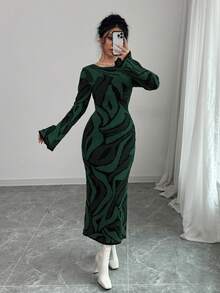 Selianne 女式优雅图案圆领喇叭袖毛衣裙 - 墨綠色 - 查看 4