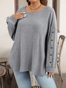 EMERY ROSE Plus Size Casual Ribbed Button Decor Round Neck Drop Shoulder Long Sleeve T-Shirt, Autumn - Blue - View 6
