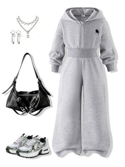 Genkimix Kids 女童休闲日常运动灰色长袖连帽拉链连体裤，舒适收腰简约休闲连体裤，绣花马图案，时尚秋季