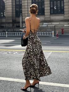 DAZY 女士露背系带深V领修身连衣裙，夏季吊带裙 - 棕色 - 查看 4