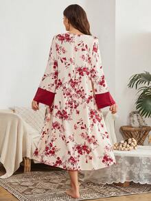 Serenescape Damen Urlaubs-Lässig Farbblock Blume Muster Langarm Nachthemd mit Rüschensaum und Bommel Dekor, geeignet für Frühlings-/Herbstferien