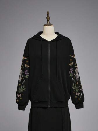 sweat-shirt à capuche zippé avec poches pour femmes, imprimé de papillon de nuit et de jardin gothique, et de champignons