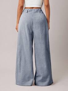 Radiana 女士卡其色条纹西装裤，百搭下装，适合日常外出和办公室通勤，秋冬条纹阔腿裤 - 藏蓝色 - 查看 3