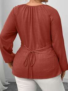 Elenzga Plus Size Women's Solid Color Keyhole Neck Raglan Lantern Sleeve Pleated Fashion Blouse - Redwood - View 2