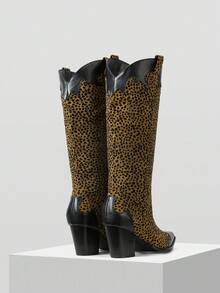 MOTF WOMEN'S AUTUMN/WINTER NEW DALMATIAN PRINT CONTRAST TRIM SIDE ZIPPER MID-CALF BOOTS FOR CHRISTMAS - Black - View 4