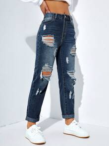 EMERY ROSE 休闲水洗做旧高腰保暖衬里七分牛仔裤 - 霧霾藍 - 查看 4