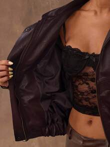 SHEIN BAE 女式纯色拉链休闲百搭长袖夹克 - 酒紅色 - 查看 6