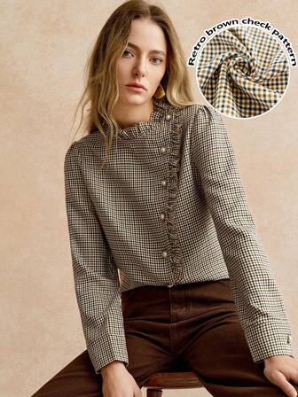 Écloséra 复古、优雅、百搭，适合通勤和休闲穿着，蝴蝶结长袖女士秋冬上衣，棕色优雅秋冬衬衫，时尚优雅，感恩节、新年皆宜