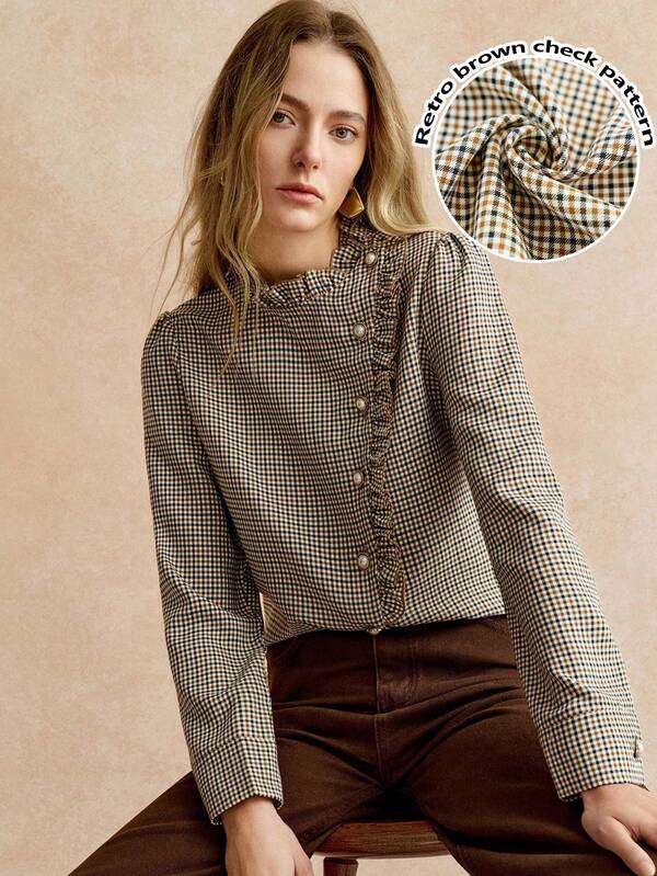 Écloséra Retro, Elegant, Versatile, Suitable For Commuting And Casual Wear, Bow-Tie Long-Sleeved Women's Autumn And Winter Top, Brown Elegant Autumn And Winter Blouse, Fashionable And Elegant Chic, Thanksgiving, New Year's