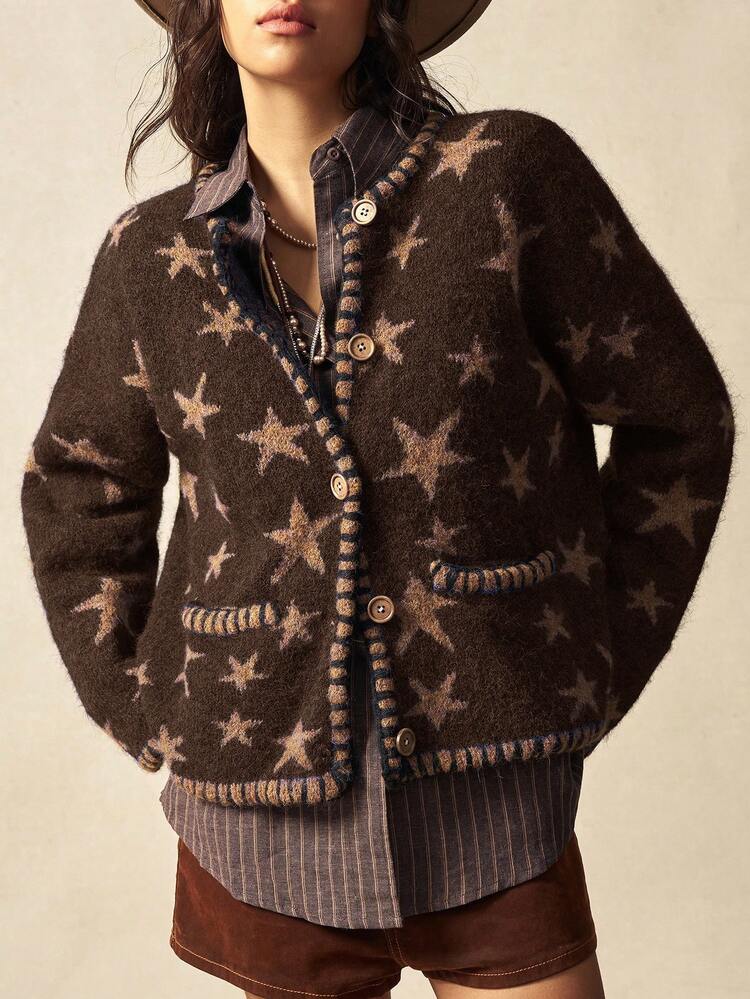 Bohemela Boho Spring/Winter Outerwear, Women's Casual Vintage Star Jacquard Dual Pocket Versatile Long Sleeve Open Fuzzy Vintage Loose Knit Cardigan, Western Country Style Concert Vacation Suitable For Beach Vacation & Daily Wear & Back To School & Going Out & Party , New Year , Valentines ,Vintage 2000s , Y2k Summer Holiday , Beach - Brown - View 5