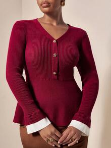 EMERY ROSE Plus Size Women Metal Button Design Long Sleeve Ruffle Hem Fashionable Sweater, Autumn/Winter - Burgundy - View 7