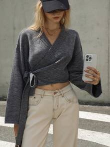 Chiquease Cárdigan de punto casual y elegante con cuello en V corto gris, estilo envolvente, con lazo lateral y mangas largas acampanadas, para mujer. Ideal para invierno, otoño, otoño, Navidad, Año Nuevo y fiestas de Acción de Gracias. - Gris - Ver 7