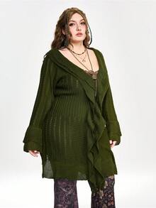 ROMWE Fairycore Plus Size Vintage Green Olive Green Double-Layer Ruffle Flare Sleeve Knit Cardigan, Autumn/Winter Plus Size Women Sweater Cardigan Jacket - Olive Green - View 5