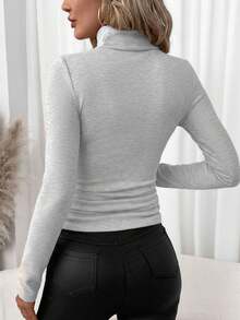 SHEIN Clasi 94% Cotone Maglia Grigio Chiaro Manica Lunga Slim-Fit Dolcevita Casual da Donna, Elegante e Classico. Perfettamente Adatto per Autunno e Inverno, Versatile e Facile da Abbinare. Ideale per Outfit Casual Autunnali, Un Regalo di Natale Pensato, Perfetto per Mamma. - Multicolore - Visualizzare 2
