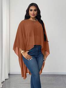 Maweii Áo cánh cổ tròn màu trơn thanh lịch cỡ lớn viền bất đối xứng - Rỉ Nâu - Xem 4