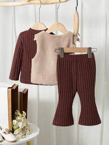 SHEIN Playful Pals 3 件套女婴秋冬新款罗纹高领长袖毛衣、喇叭裤、蝴蝶结装饰蓬松背心，优雅高端休闲百搭 3 件套服装，适合生日派对，时尚