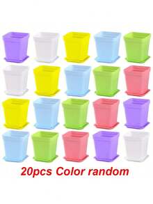 10/20 piezas Macetas cuadradas pequeñas de colores para suculentas con bandeja, macetas de plástico para contenedores de crecimiento de plantas, adecuadas para el hogar, jardín, balcón y oficina - Multicolor - Ver 3