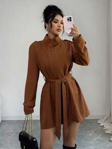 SHEIN Raffinéa Chaqueta de cuello mao de ante sintético vintage, otoño/invierno - Marrón - Ver 5