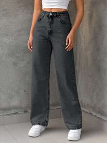 EURMUSE 100%Cotton Bleach Wash Straight Leg Jeans - Dark Grey - View 3