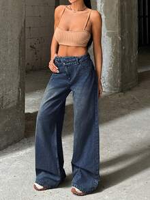 EURMUSE RueChic VINTAGE WASH HIGH WAIST WIDE LEG CUT ASYMMETRIC BELT DETAIL - Dark Wash - View 3