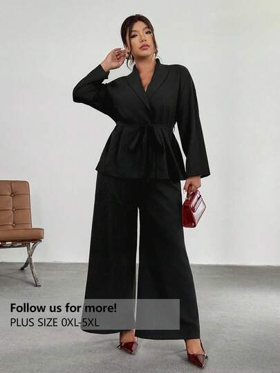 Firerie Plus Size Women Solid Color Shawl Collar Long Sleeve Blazer And Pants Casual Suit Set Black Pants Suit Women Wide Leg Pants Set Two Pieces Set Women Elegant Pant Suit Set Plus 2 Pieces Casual Sets Woman In Fall/Winter