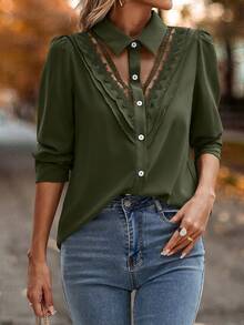 LanaWest 女式撞色蕾丝纽扣前衬衫黑色衬衫 - 軍綠色 - 查看 4