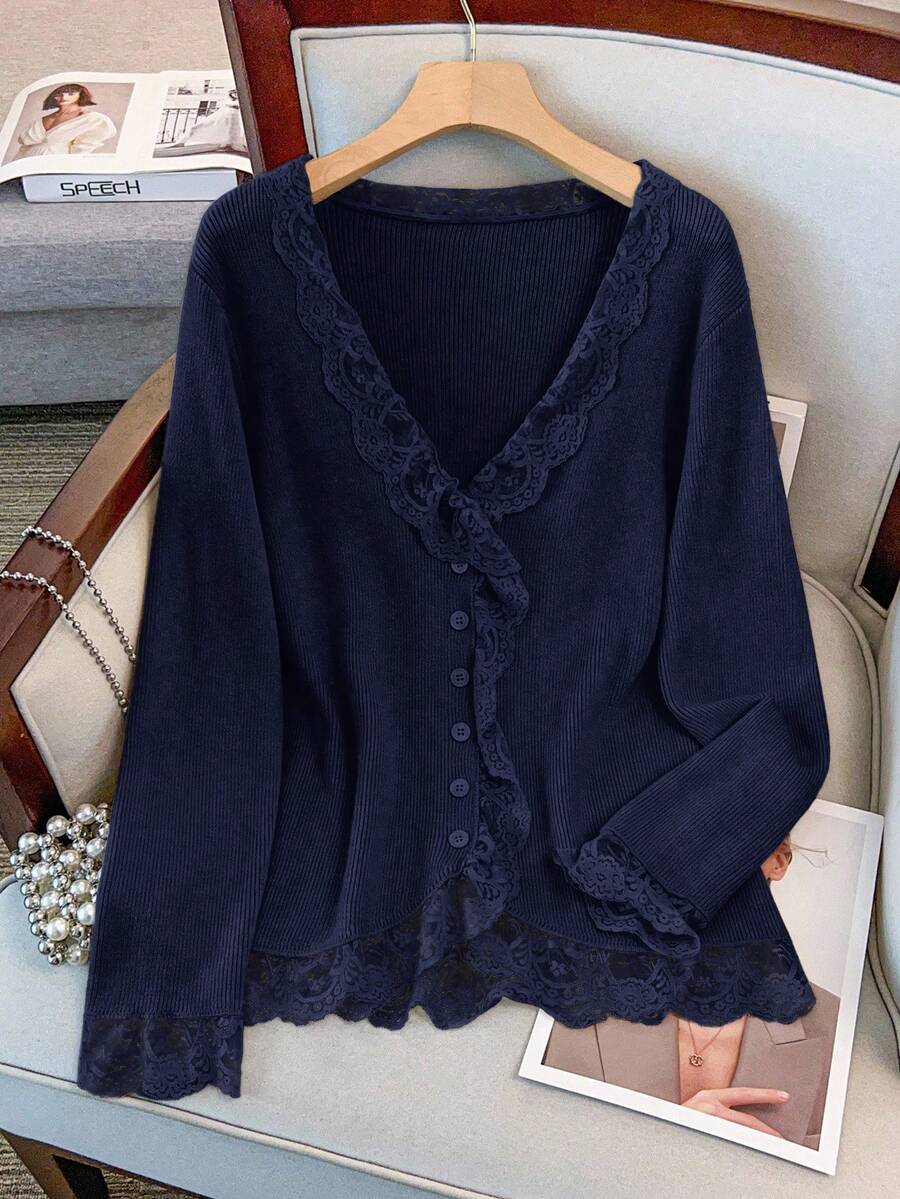 GlowEve CURVE Plus Size Elegant Solid Color Lace Patchwork Cardigan