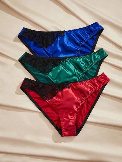 Charlaine 3pcs Contrast Color Asymmetric Floral Lace Satin Bow Romantic Comfortable French Style Women Panties Panties For Women 3 Piece Set Satin Panties Silk Panties